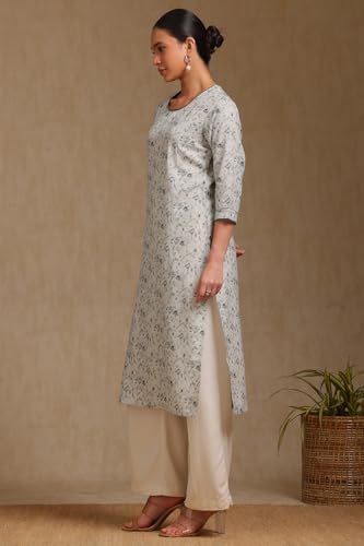 Soch Womens Off White Linen Botanical Print Kurta