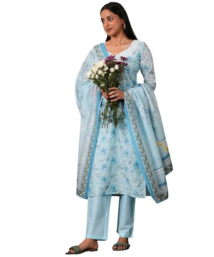 Libas Womens Printed Linen Straight Kurta With Trousers And Dupatta