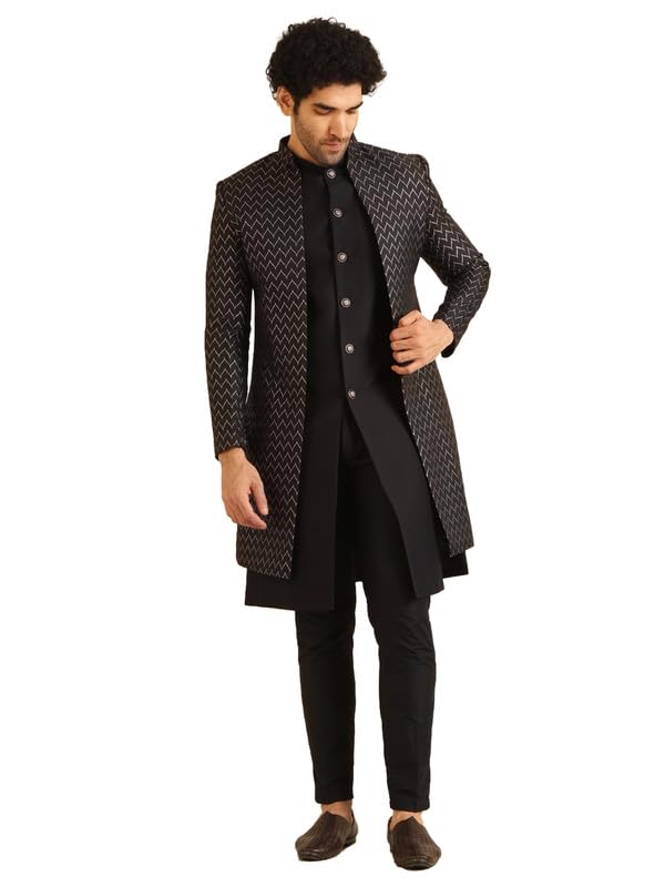 Kisah MenS Indo-Western Waistcoat Sherwani Trouser Set, Black Jacquard, Woven Design Regular Fit Mandarin Collar Long Sleeves (