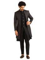 Kisah MenS Indo-Western Waistcoat Sherwani Trouser Set, Black Jacquard, Woven Design Regular Fit Mandarin Collar Long Sleeves (