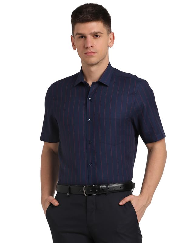 Turtle Men Giza Cotton Regular Fit Stripe Half Sleeve Formal Shirt Navy