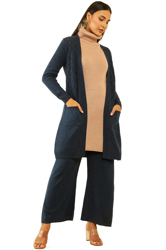 Soch Women Acrylic Pointelle Knit Open-Front Longline Shrug with Pockets