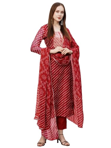 ANNI DESIGNER Womens Cotton Blend Straight Printed Kurta with Pant & Dupatta (DOREMI-RED-BHN_M_Red_Medium)