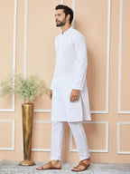 See Designs Mens Long Sleeve Mandarin Collar Side Slit White Embroidered Chikankari Pure Cotton Straight Kurta with Pyjama - SD