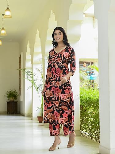 ANNI DESIGNER Womens Cotton Blend Straight Printed Kurta with Palazzo (Chinki Black_M_Black_Medium)