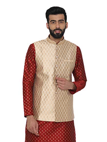 Manyavar MenS Silk Blend Self Design Nehru Jacket (Jac126_Light Biscuit_Extra Large)