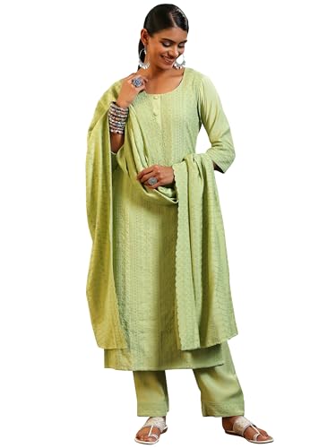 Libas Womens Embroidered Silk Blend Straight Kurta With Palazzos And Dupatta