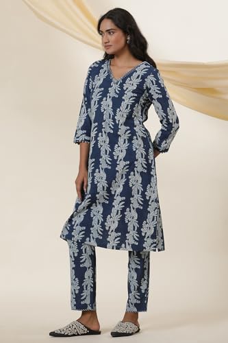 W For Woman Folksong Blue Animal Print Cotton Straight Kurta