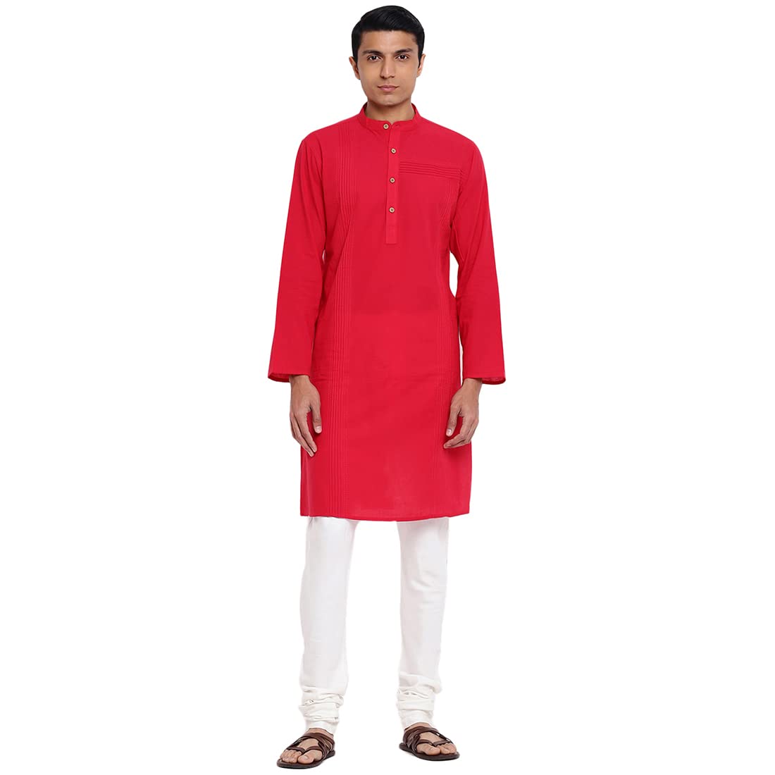 Fabindia Men Cotton Pintucks Long Kurta Red_XS