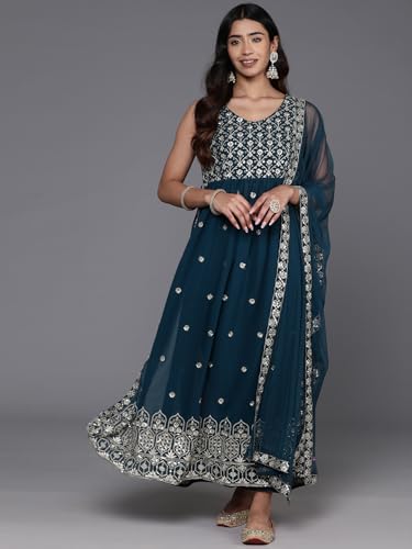 Libas Teal Embroidered Georgette A-Line Kurta With Trousers & Dupatta