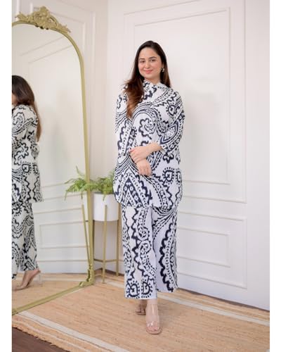 ANNI DESIGNER Womens Cotton Blend Printed Ethnic Co-ord Set (Qurom White_S_White_Small)