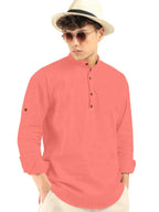 Macsivo MenS Cotton Polyester Blend Solid Regular Fit Full Sleeve Short Kurta Peach