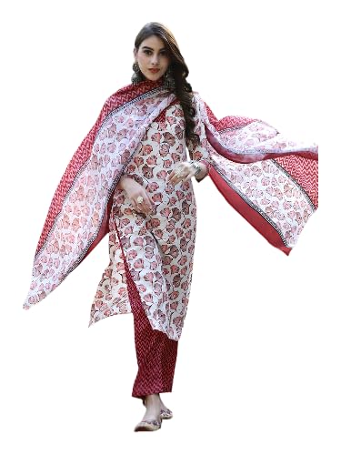 Pinkmint Salwar Suit For Women Cotton Flower Printed Kurta & Straight Pant With Dupatta