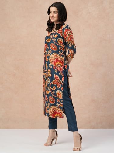 ANNI DESIGNER Womens Cotton Blend Straight Printed Kurta with Pant (Tinka Kerosin-NW_M_Dark Blue_Medium)