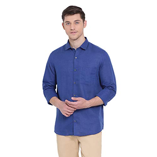 Turtle Men Cotton Linen Slim Fit Solid Full Sleeve Formal Shirt Blue