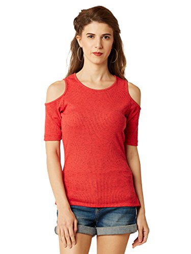 Miss Chase WomenS Coral Ribbed Cold Shoulder Top(Mcaw17Tp08-79-180-03,Coral,Small)