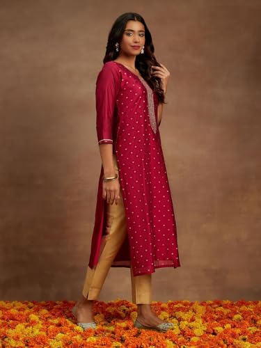 Libas Fuchsia Woven Design Chanderi Silk Straight Kurta