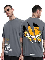 Bewakoof X Official Garfield Merchandise MenS Smiling Cat Graphic Printed 100% Cotton T-Shirt - Oversized Fit, Round Neck, Half
