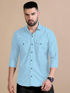 Rebelify MenS Double Pocket Shirt  Classic Casual Cotton Blend With Adjustable Cuffs Sky Blue