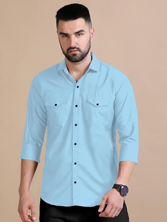 Rebelify MenS Double Pocket Shirt  Classic Casual Cotton Blend With Adjustable Cuffs Sky Blue