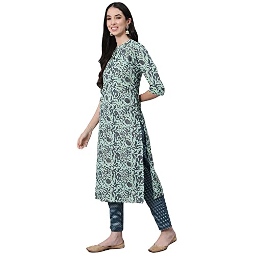 Anubhutee Women'S Cotton Floral Printed Sequinned Straight Kurta Suit Set With Dupatta & Pants