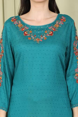 W For Woman Teal Thread Embroidered Neck Textured Dobby Straight Kurta