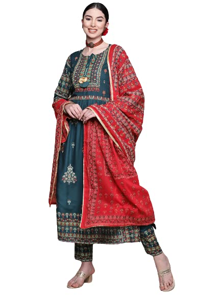 Anubhutee Women Teal Ethnic Motifs Thread Work Kurta With Palazzos & With Dupatta