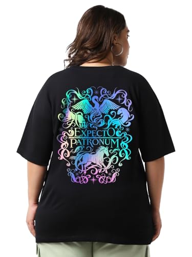 Bewakoof Official Harry Potter Merchandise Womens Graphic Printed Oversized Plus Size T-Shirt_625718_Black_6XL