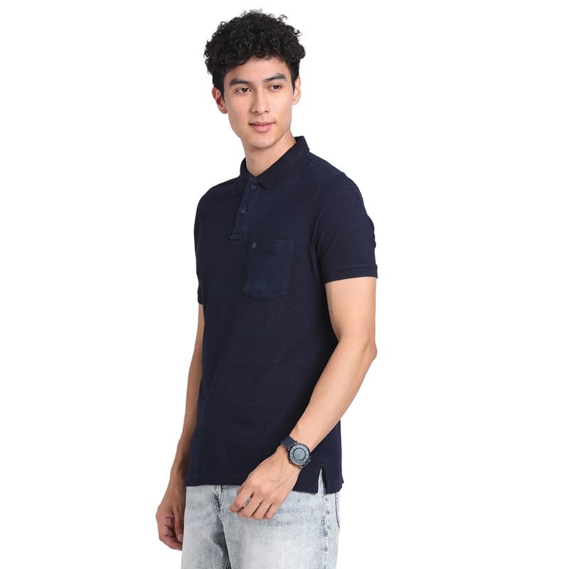 Turtle Men 100% Cotton Navy Blue Striped Polo Neck Half Sleeve Casual T-Shirt