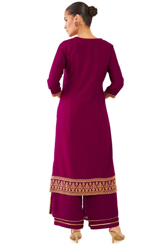 Soch Women Magenta Rayon Straight Embroidered Kurta With Layered Palazzo And Lace Insertion