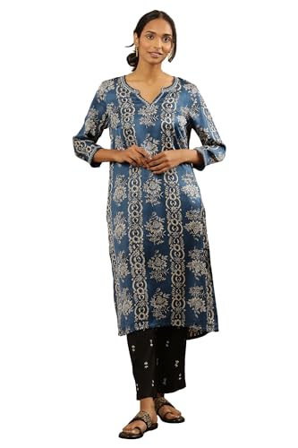W For Woman Folksong By W Women Blue Festive Floral Print Viscose Straight Kurta_24Maf11844-910875_2Xl