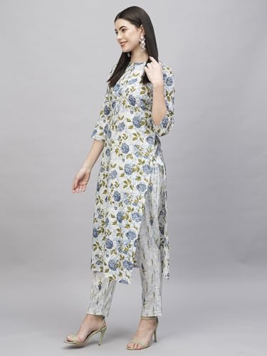 ANNI DESIGNER Womens Cotton Blend Straight Printed Kurta with Pant (Dafiya Green_S_Green_Small)