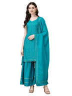 Pratham Blue Women'S Viscose Rayon Straight Kurta With Palazzos And Dupatta (Pb-6038-S_Teal Blue)