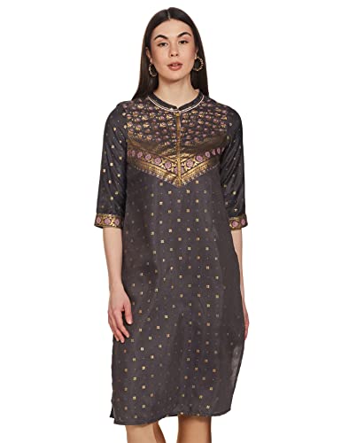 Aurelia Womens Polyester Ultimate Grey Ornamental Mandarin Collar Straight Kurta_21AUA12509-503523_XL