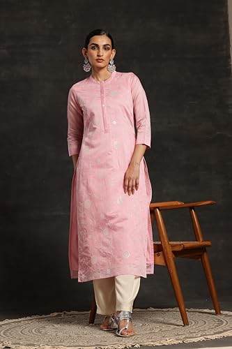 Libas Pink Woven Design Chanderi Silk Straight Kurta