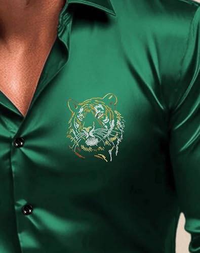Indoprimo MenS Satin Stylish Club Wear Tiger Diamond Print Shirt Full Sleeve Peach