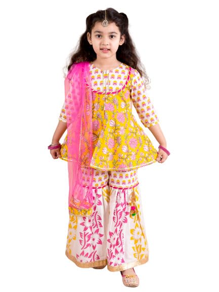 Pspeaches Girls Yellow Floral Printed Pure Cotton Kurti With Sharara With Dupatta (Yellow-12-14Y)