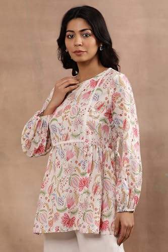 W Ecru Floral Printed Cotton Top And Pant For Women