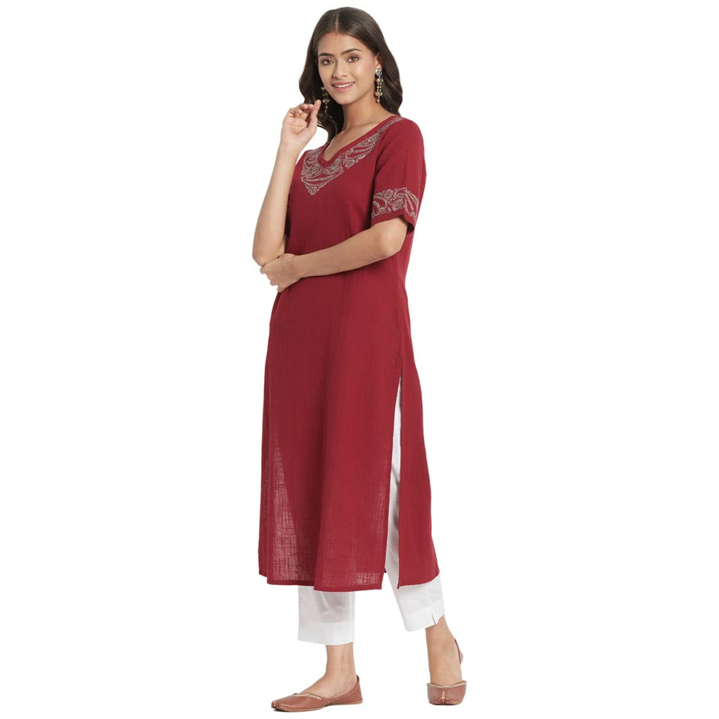 Fabindia Women Embroidered V-Neck Cotton Long Kurta Chikankari_Maroon