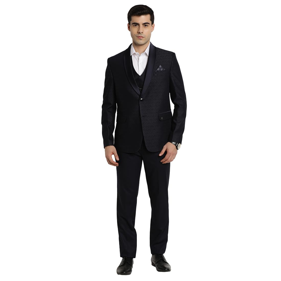 Turtle Men Polyviscose Tailored Fit Navy Blue Party Suits (3 Piece)