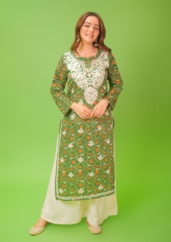 ANNI DESIGNER Womens Rayon Blend Straight Chikankari Embroidered Kurta (Nakusha Green_XXL_Green_XX-Large)