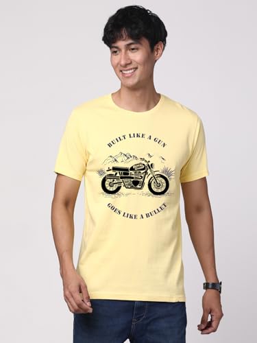ADRO Mens Royal Bike Design Printed 100% Cotton T-Shirt - Regular Fit, Printed T-Shirts for Men (RN24-RYL-LY_Light Yellow_M)