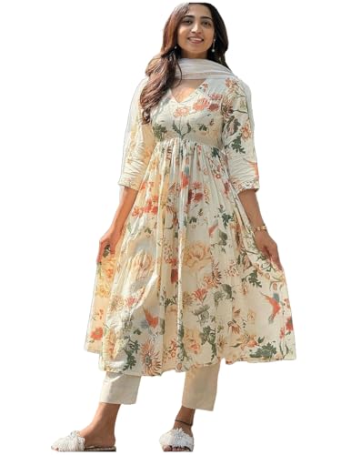 GoSriKi Womens Rayon Blend Printed Anarkali Kurta with Pant & Dupatta (Sudan Cream-GS_XXL_Cream_XX-Large)