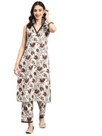 SMOWKLY V-Neck Sleeveless Kurta for Women (1432_BRN_XXL) Brown