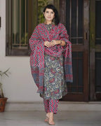 ANNI DESIGNER Womens Rayon Blend Straight Printed Kurta with Pant & Dupatta (Antari Grey_S_Grey_Small)