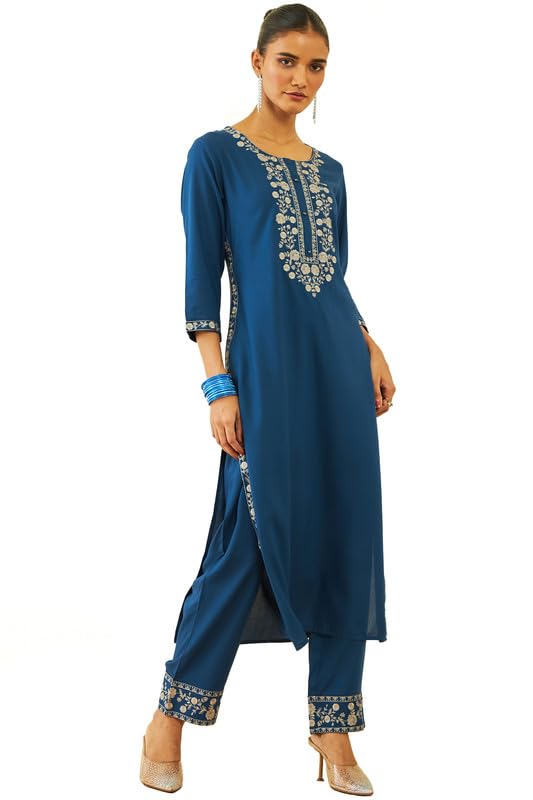 Soch Womens Blue Rayon Floral Embroidered Round-Neck Nyra-Cut Kurta Sets
