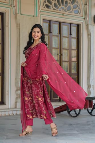 ANNI DESIGNER Womens Cotton Blend Straight Printed Kurta with Pant & Dupatta (SHOKO RED_XXL_Red_XX-Large)