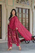 ANNI DESIGNER Womens Cotton Blend Straight Printed Kurta with Pant & Dupatta (SHOKO RED_XXL_Red_XX-Large)