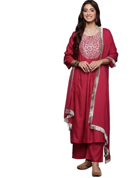 Varanga Women'S Round Neck Embroidered Yoke With Gathered Detail Kurta Paired With Bottom & Dupatta