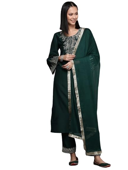 Varanga Women Green Embroidered Straight Kurta Paired With Tonal Bottom And Dupatta